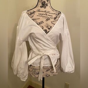 Michael Kors White Cotton Wrap Blouse W Puff Sleeves Sz XXS EUC